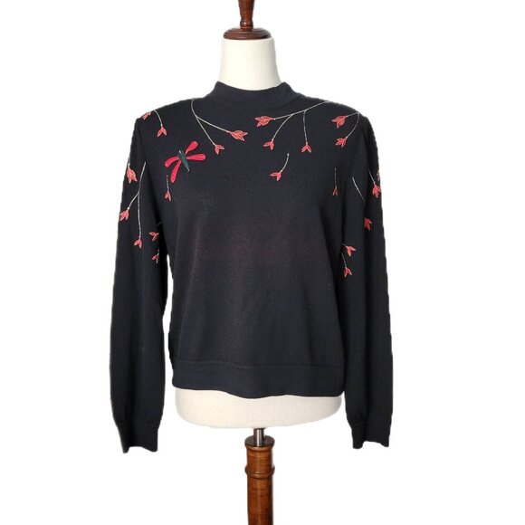 St. John Collection Black Knit Mock Turtleneck Flower & Dragonfly Embellishments - Picture 1 of 8